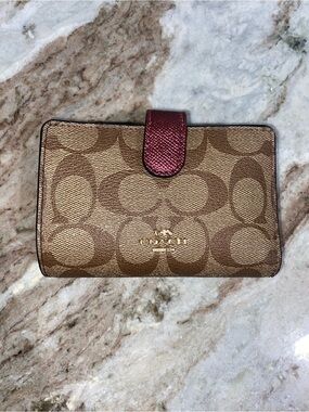 Coach Brown Signature Canvas Wallet with Red Snap Tab